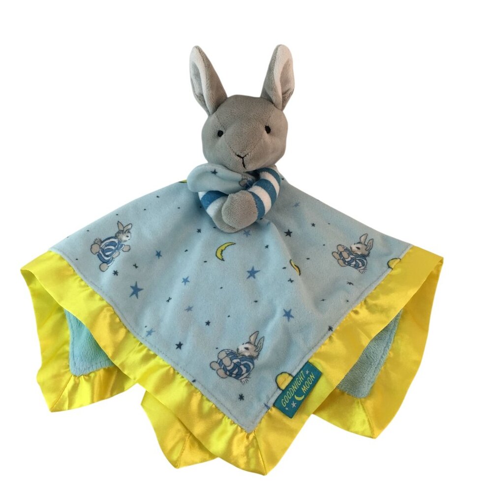 Goodnight Moon Bunny Rabbit Blue Lovey Baby Security Blanket Yellow Satin‎ Trim